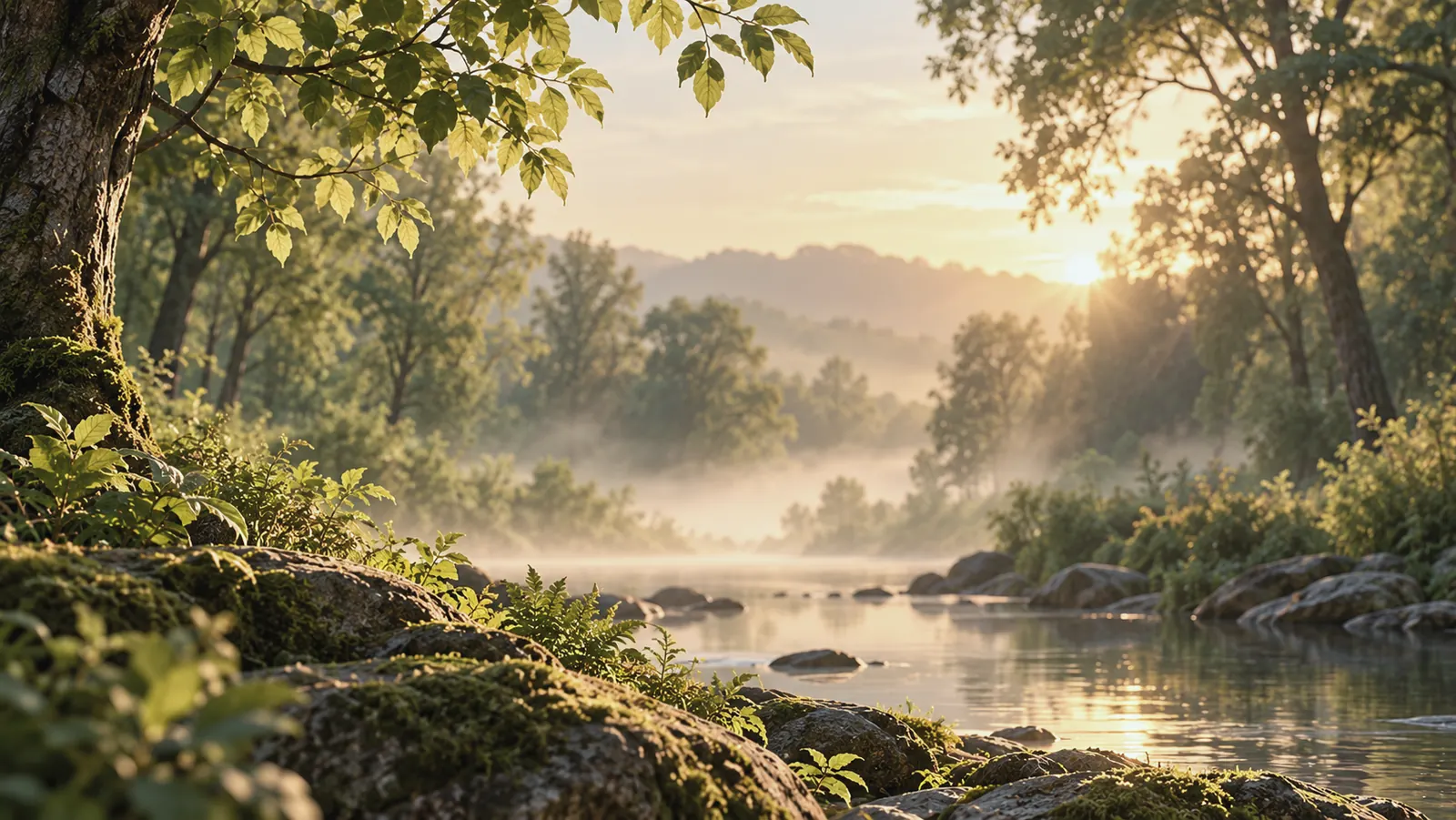 Morning mist over a calm river surrounded by trees