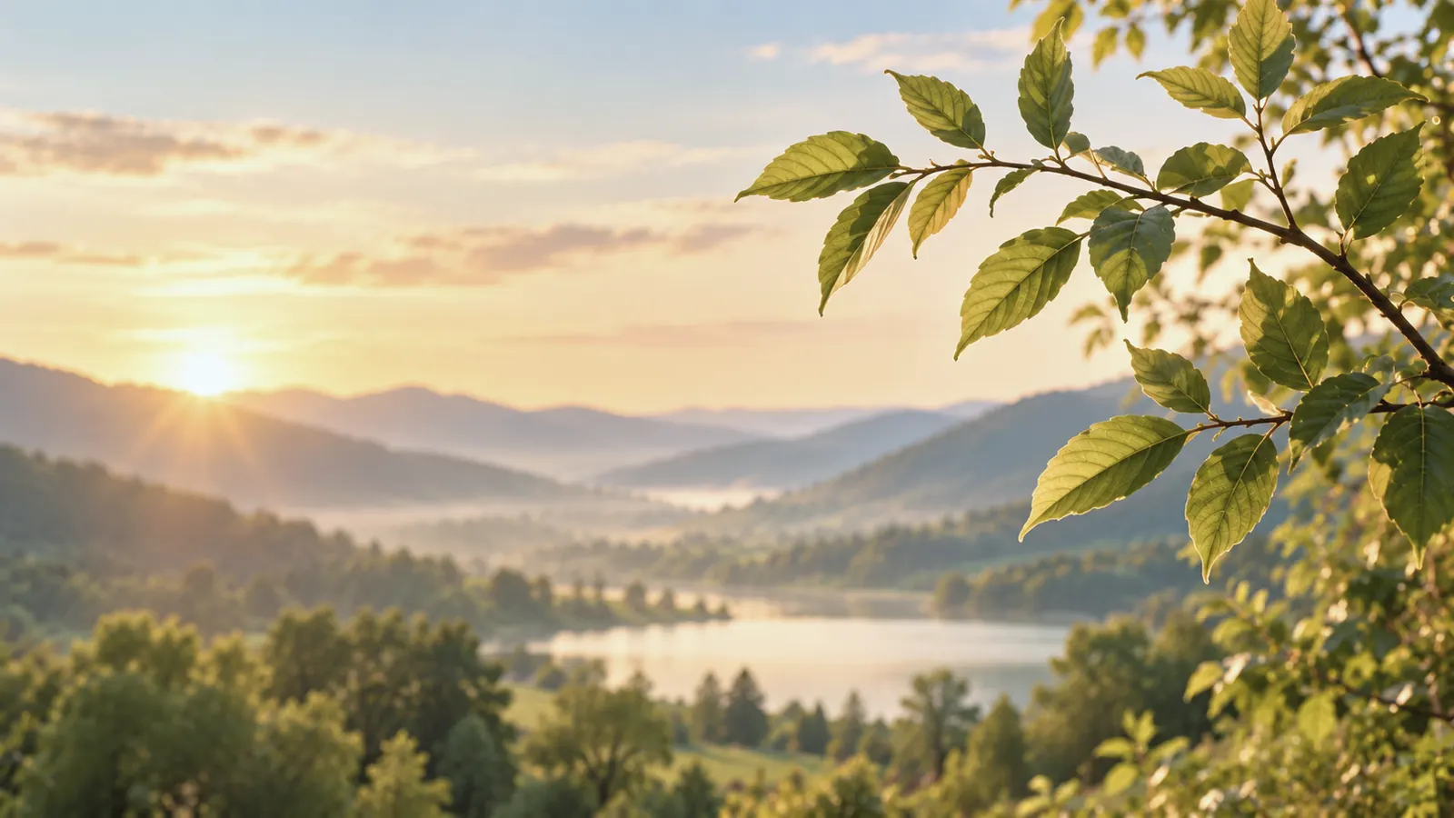 Sunlit leaves above a misty valley and lake at sunrise